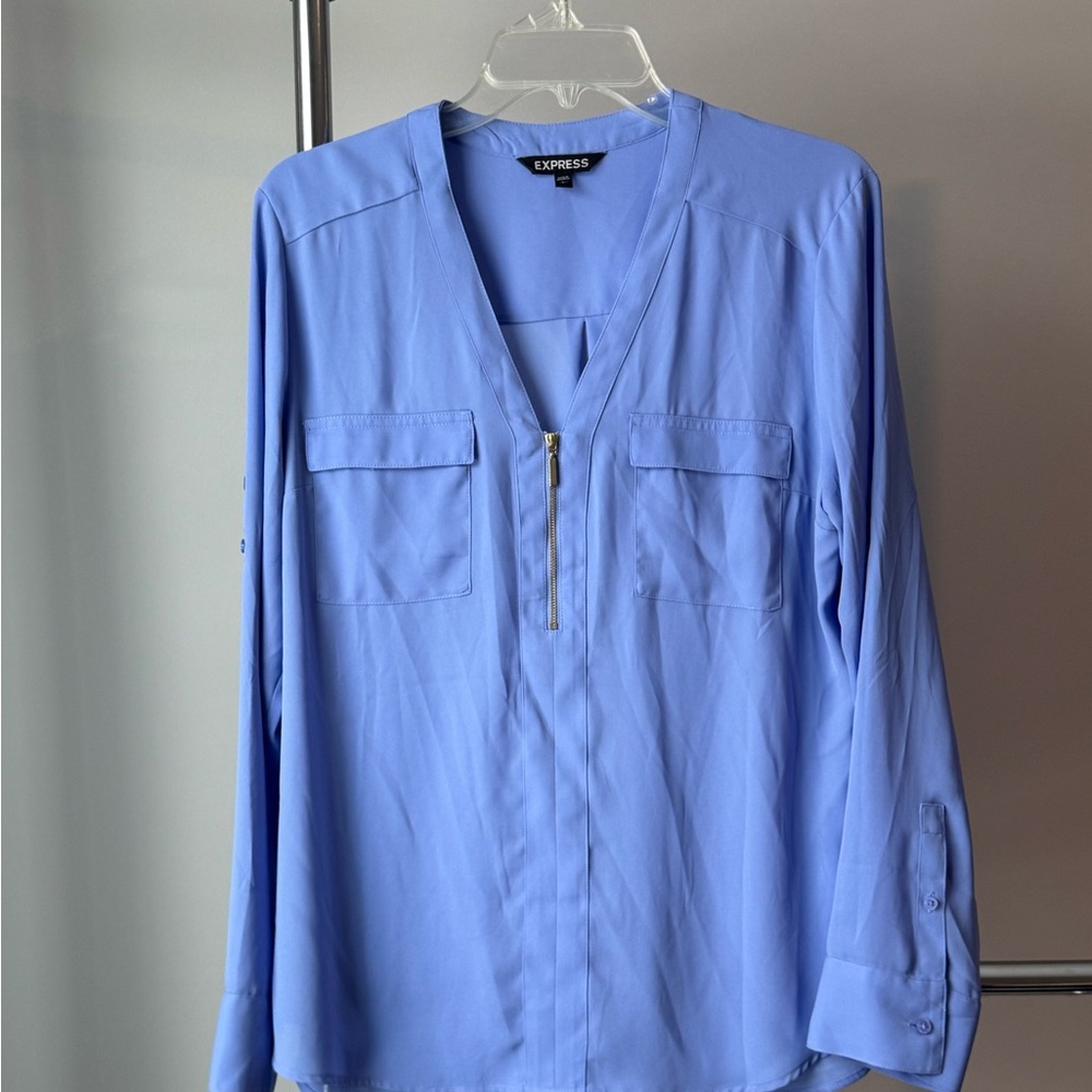 Express Women's Light Blue Semi Sheer V-Neck Blouse